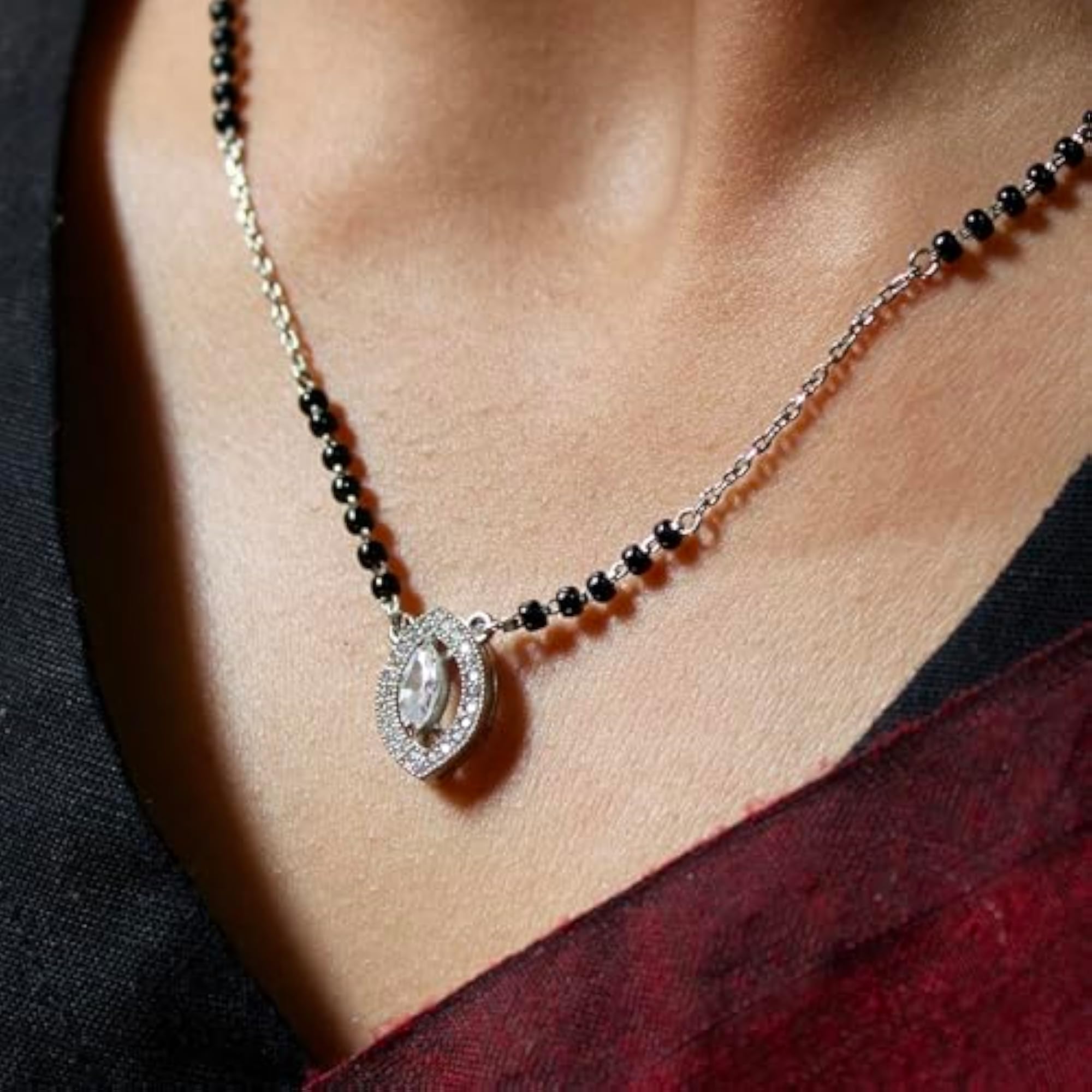 Women's Marquise Shape Silver Mangalsutra, Leaf Design Pendant